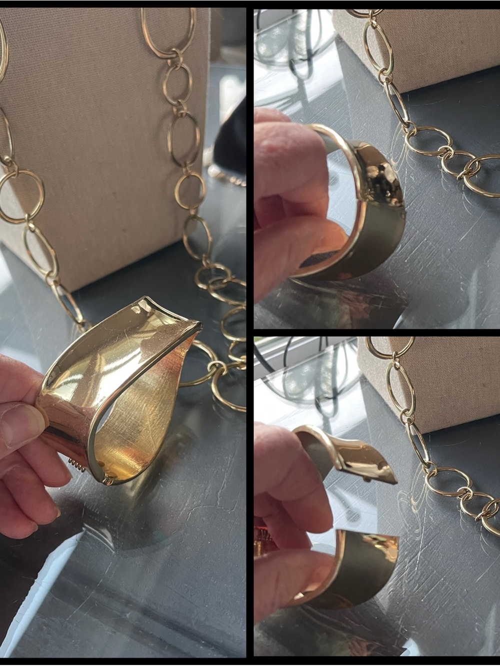 Bold Gold Tone Statement Cuff Bracelet with Chain N129